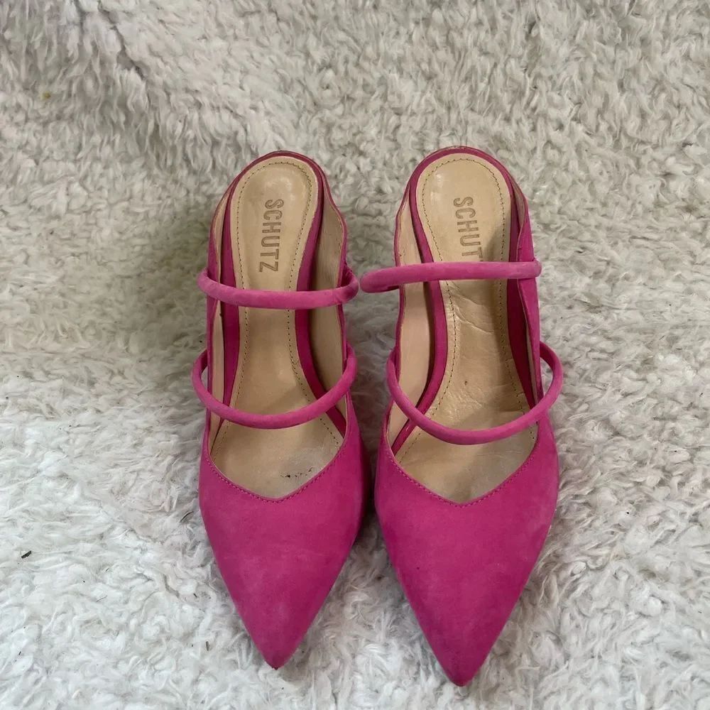 Schultz Hot Pink suede Mulesβ4βheels pointed toeβSize9B